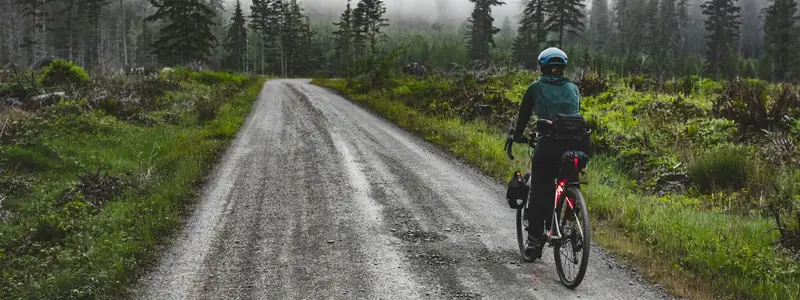 Bikepacker riding a foggy gravel road through evergreen forest