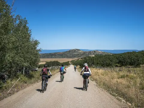 Group of riders on a gravel road in open country